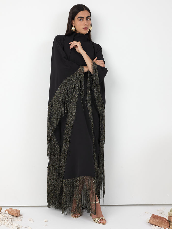 Black Gold Fringed Kaftan Dress With Tie Neck Detailed - Store WF