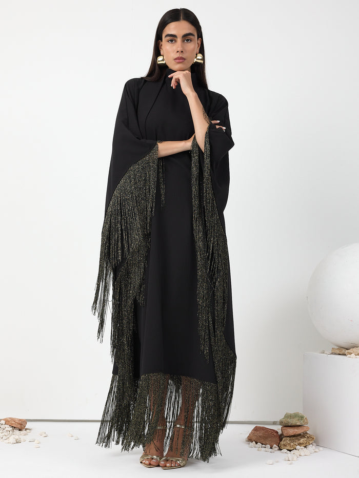 Black Gold Fringed Kaftan Dress With Tie Neck Detailed - Store WF