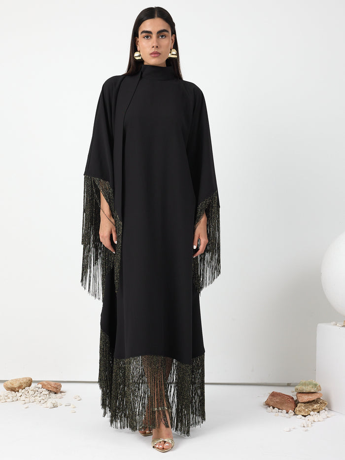 Black Gold Fringed Kaftan Dress With Tie Neck Detailed - Store WF