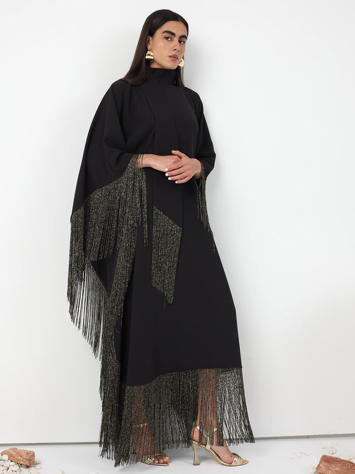 Black Gold Fringed Kaftan Dress With Tie Neck Detailed - Store WF