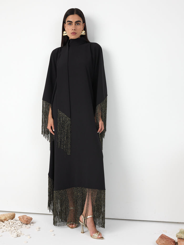 Black Gold Fringed Kaftan Dress With Tie Neck Detailed - Store WF