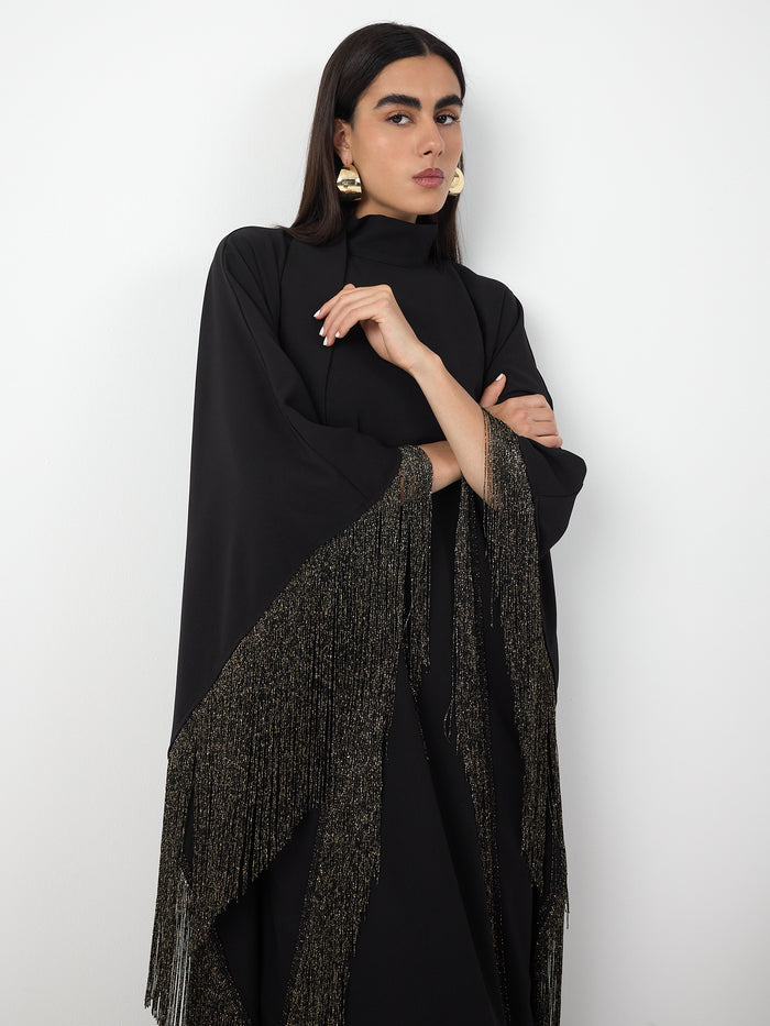 Black Gold Fringed Kaftan Dress With Tie Neck Detailed - Store WF