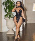 Black Stretch Mini Evening Cocktail Dress For Women Crystals Lace Sheer Mesh Birthday Queen Gown