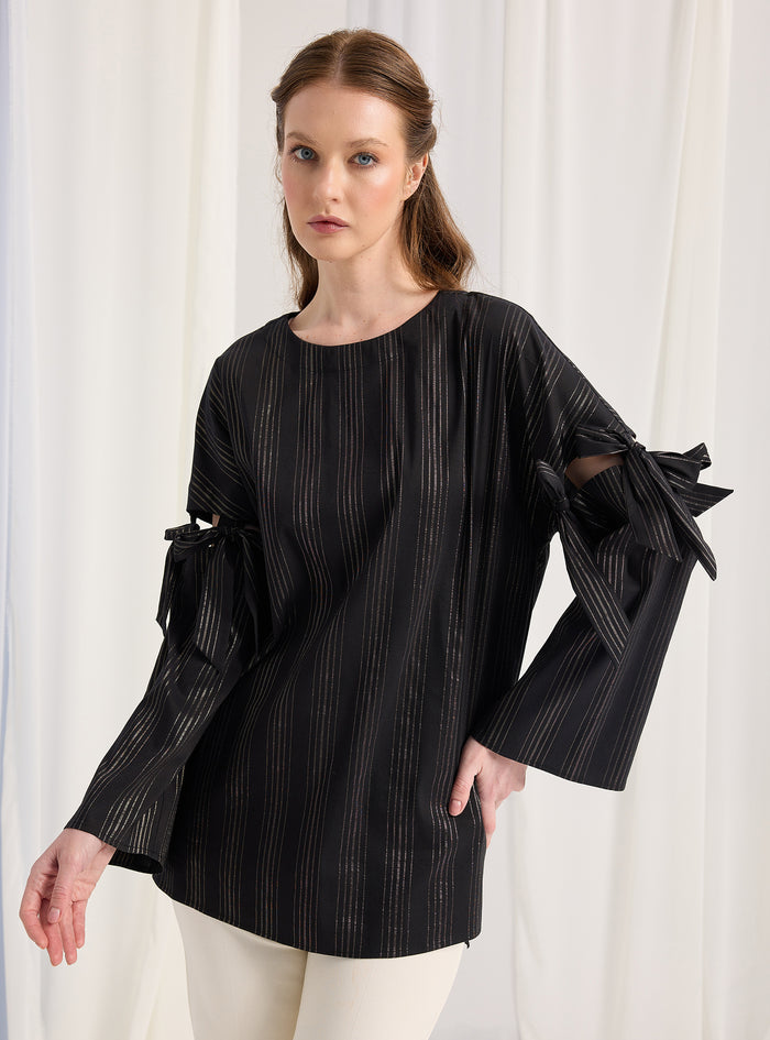Black Striped Top With Sleeve Ties - Store WF
