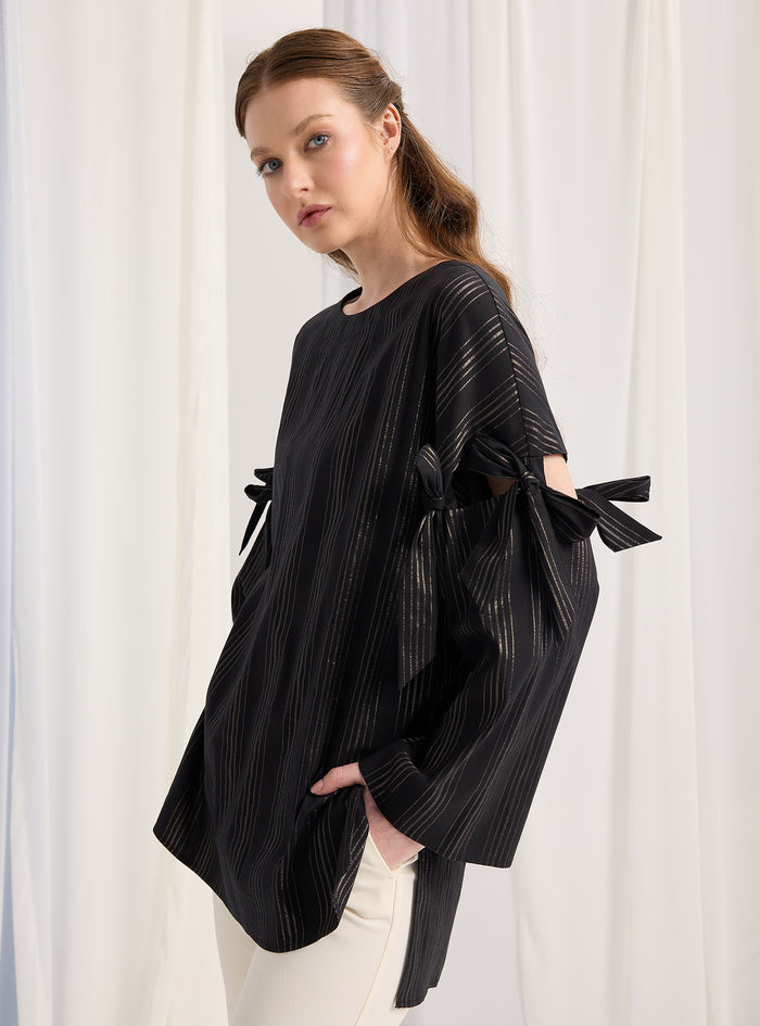 Black Striped Top With Sleeve Ties - Store WF