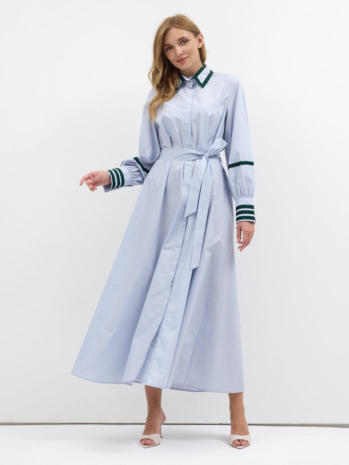 Blue Cotton Maxi Dress with Green Grosgrain Trim - Store WF