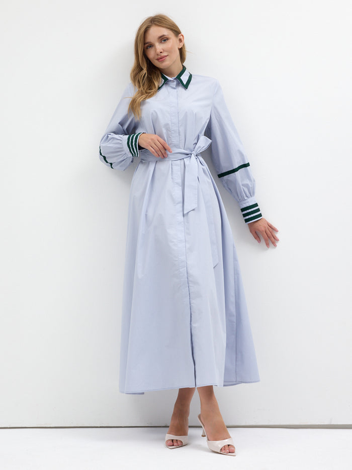 Blue Cotton Maxi Dress with Green Grosgrain Trim - Store WF