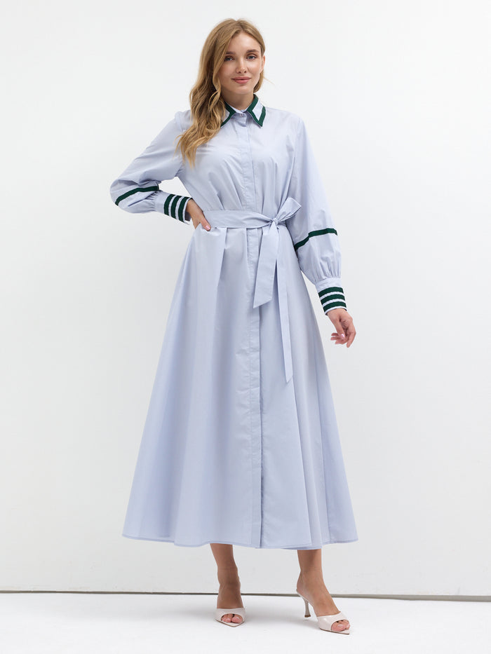 Blue Cotton Maxi Dress with Green Grosgrain Trim - Store WF