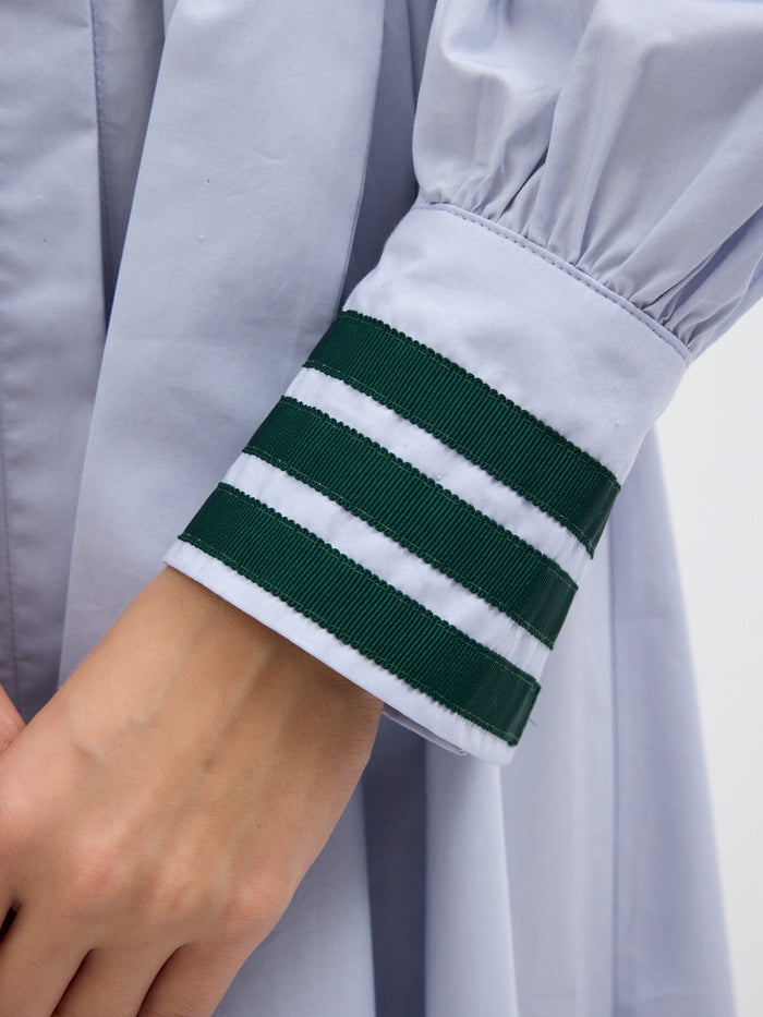 Blue Cotton Maxi Dress with Green Grosgrain Trim - Store WF