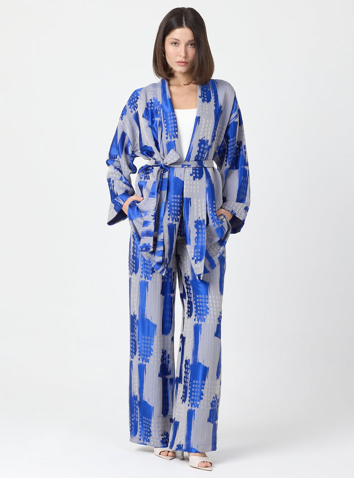 Blue Modern Print Shawl Collar Kimono Set with Elastic Waist Pants - Store WF