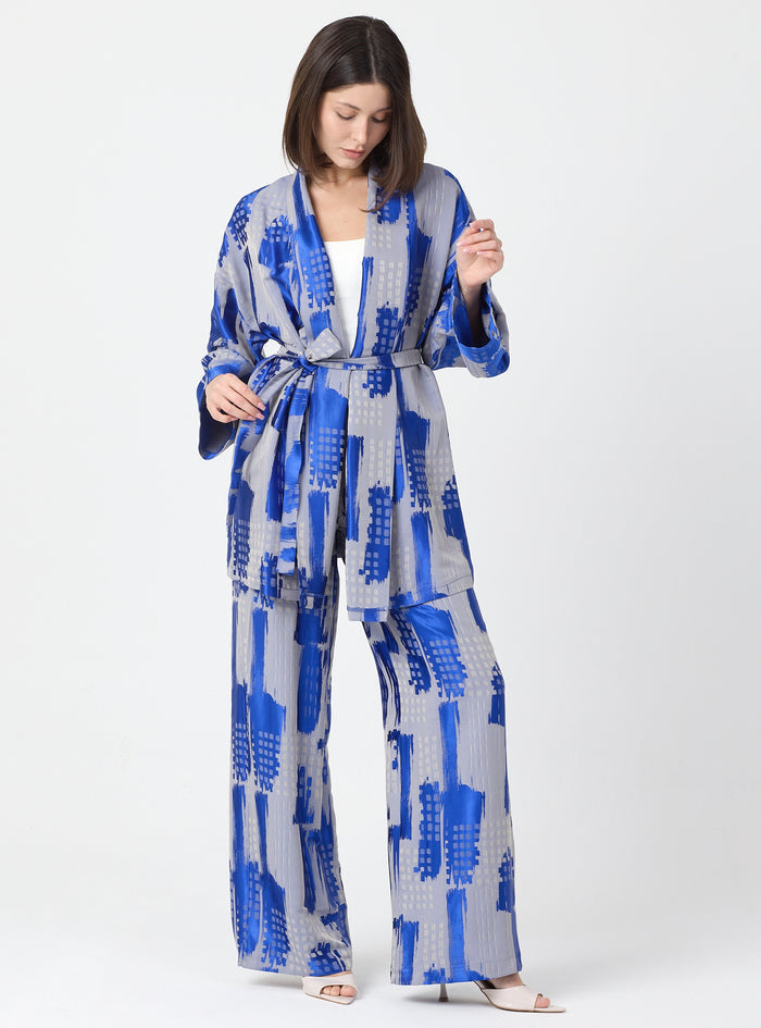 Blue Modern Print Shawl Collar Kimono Set with Elastic Waist Pants - Store WF