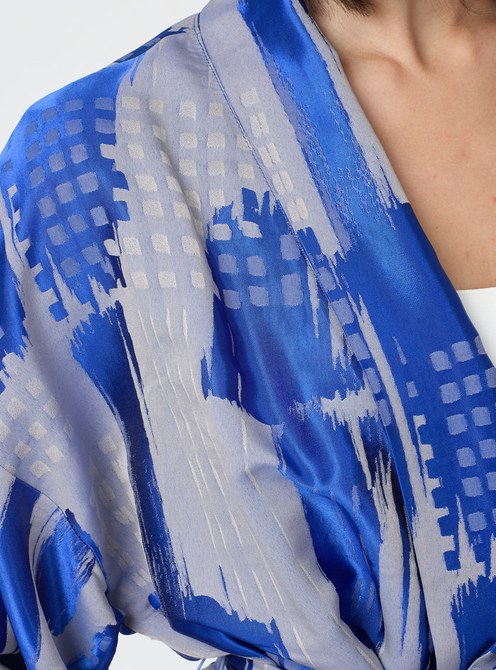 Blue Modern Print Shawl Collar Kimono Set with Elastic Waist Pants - Store WF