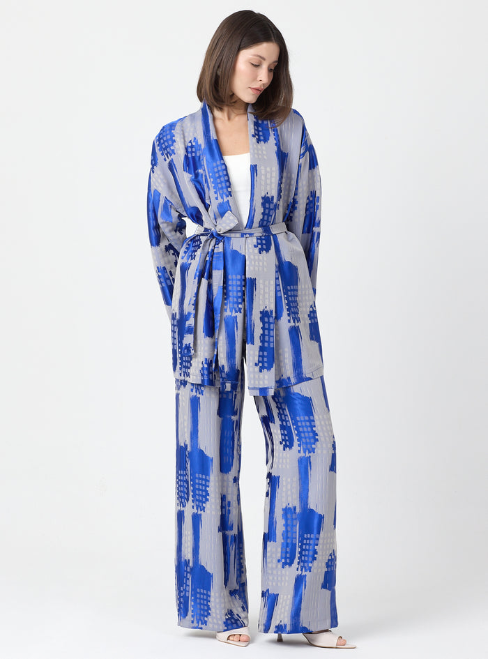 Blue Modern Print Shawl Collar Kimono Set with Elastic Waist Pants - Store WF