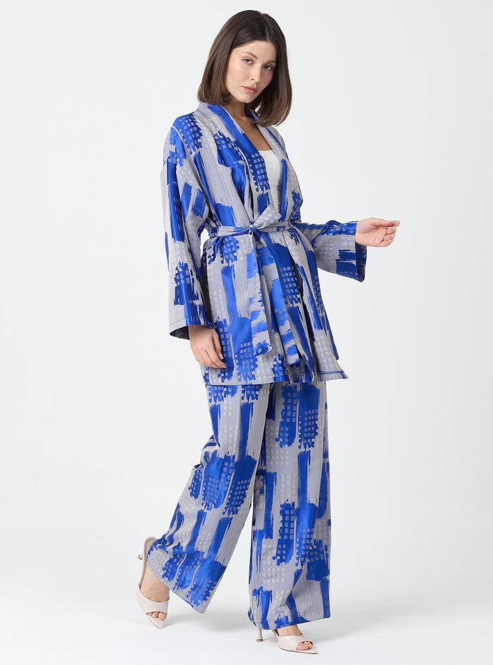 Blue Modern Print Shawl Collar Kimono Set with Elastic Waist Pants - Store WF