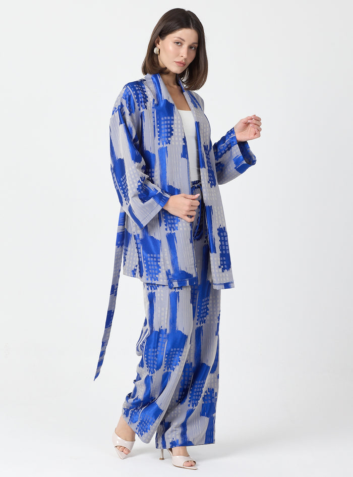 Blue Modern Print Shawl Collar Kimono Set with Elastic Waist Pants - Store WF