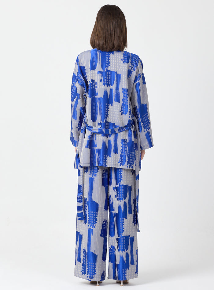 Blue Modern Print Shawl Collar Kimono Set with Elastic Waist Pants - Store WF