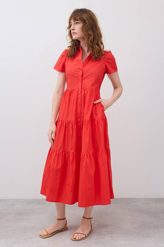 Hot coral long poplin dress with short sleeves, button front, tiered skirt