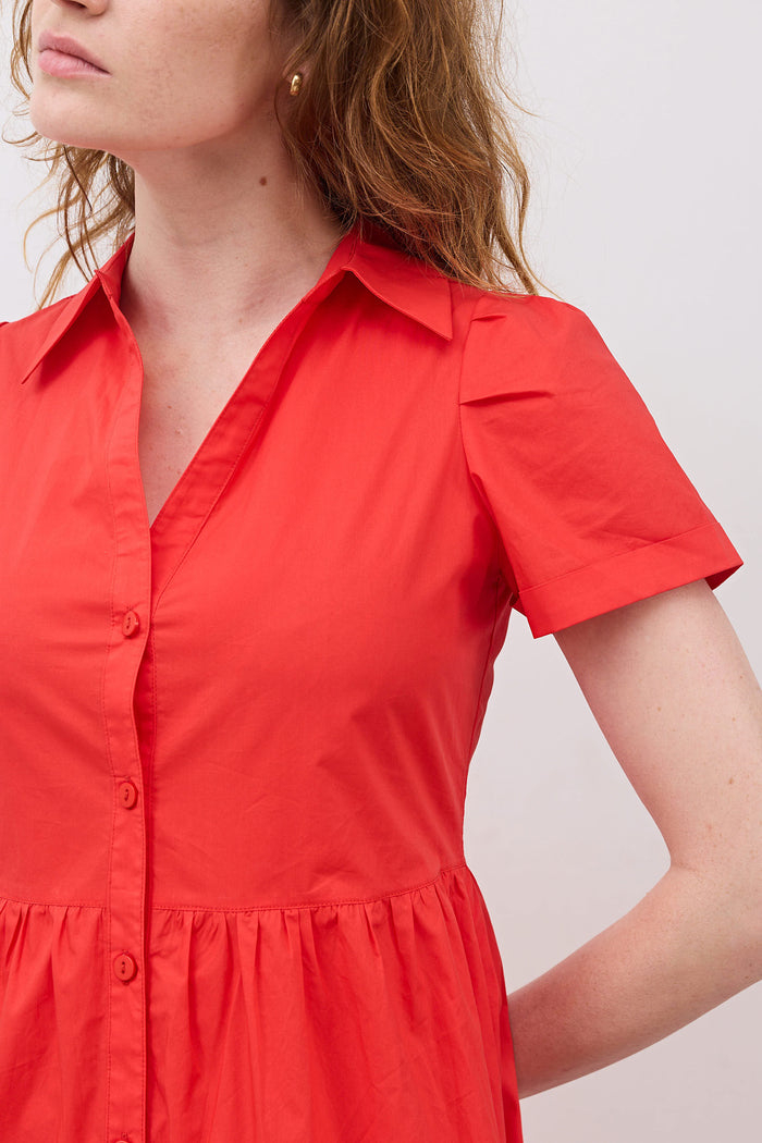 Hot coral poplin dress V-neck button detail with short sleeves