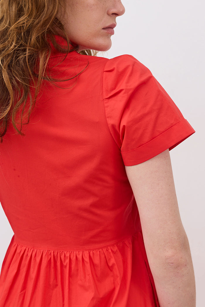 Hot coral poplin dress neckline and button placket detail, short sleeve
