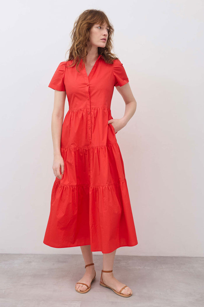 Hot coral long poplin dress with short sleeves, button front, tiered skirt