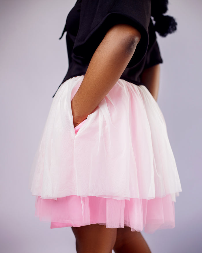 Brittany Skirt - Pink & White Tulle Mini Skirt with Pockets - Dimaz