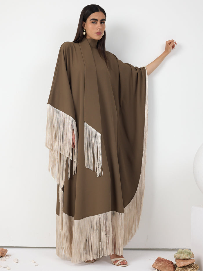 Brown Fringed Kaftan Dress With Tie Neck Detailed - Store WF