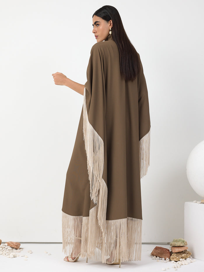 Brown Fringed Kaftan Dress With Tie Neck Detailed - Store WF