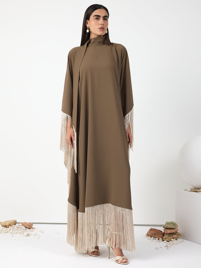 Brown Fringed Kaftan Dress With Tie Neck Detailed - Store WF