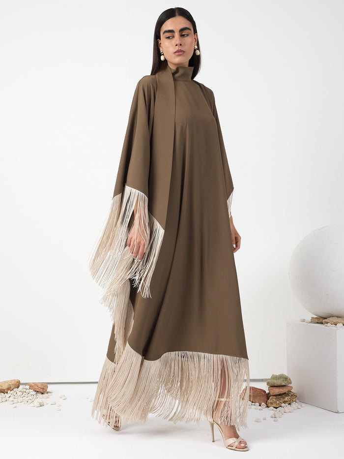 Brown Fringed Kaftan Dress With Tie Neck Detailed - Store WF