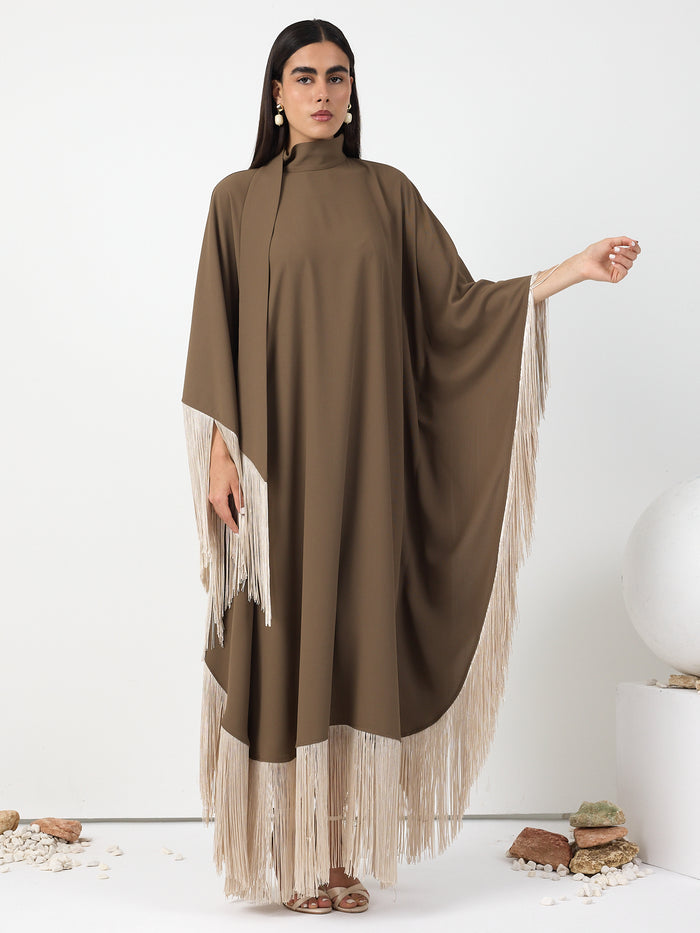 Brown Fringed Kaftan Dress With Tie Neck Detailed - Store WF