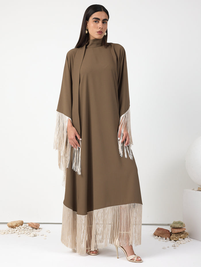 Brown Fringed Kaftan Dress With Tie Neck Detailed - Store WF