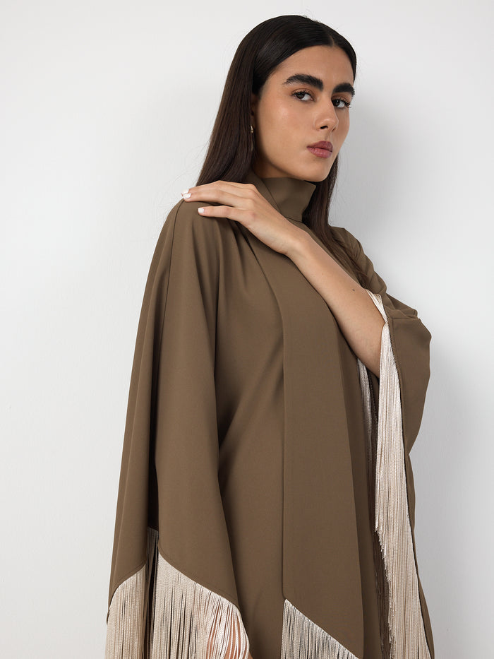 Brown Fringed Kaftan Dress With Tie Neck Detailed - Store WF
