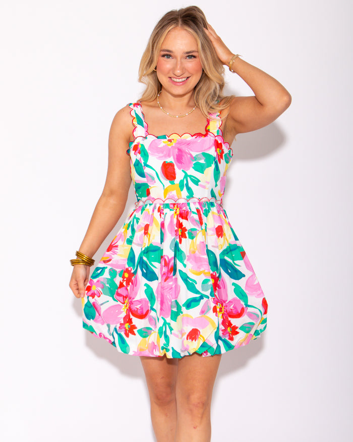 Bubbled Floral Bow Back Tie Closure Mini Dress