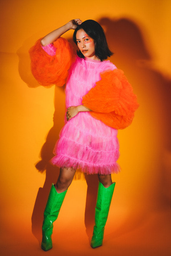 Bubbles Dress | Puffy Sleeve Ruched Tulle Dress - Dimaz