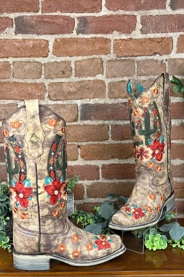 Cactus and Floral Embroidered Square Toe Boot by Corral Boots-Women's Boot-Corral Boots-Gallop 'n Glitz- Women's Western Wear Boutique, Located in Grants Pass, Oregon