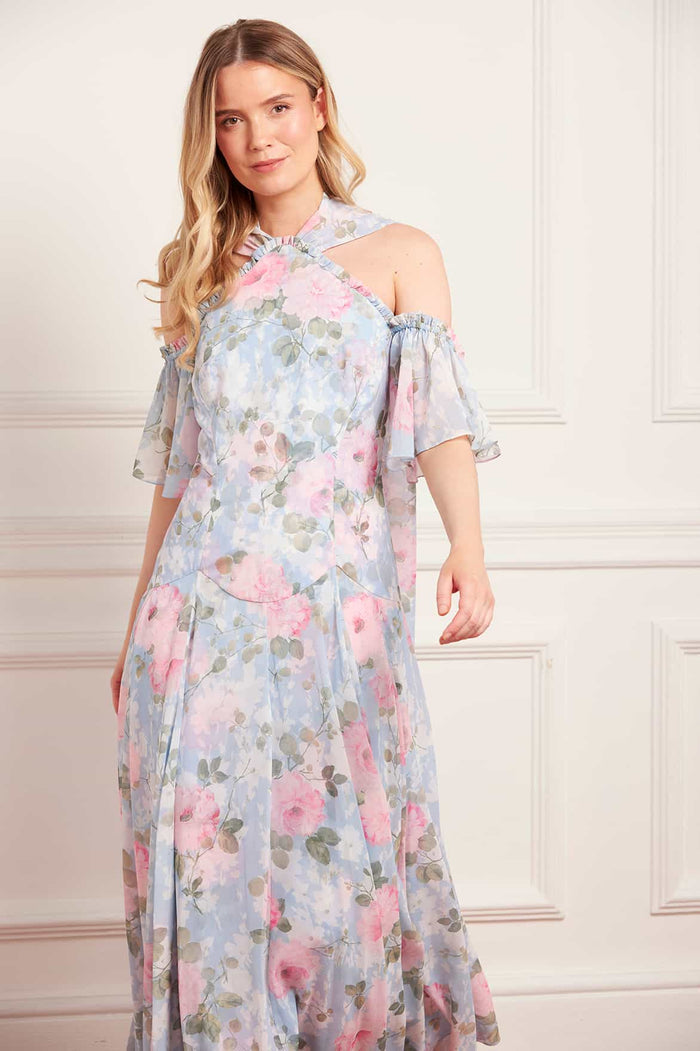 Camille's Garden Georgette Halter-Neck Ankle Gown