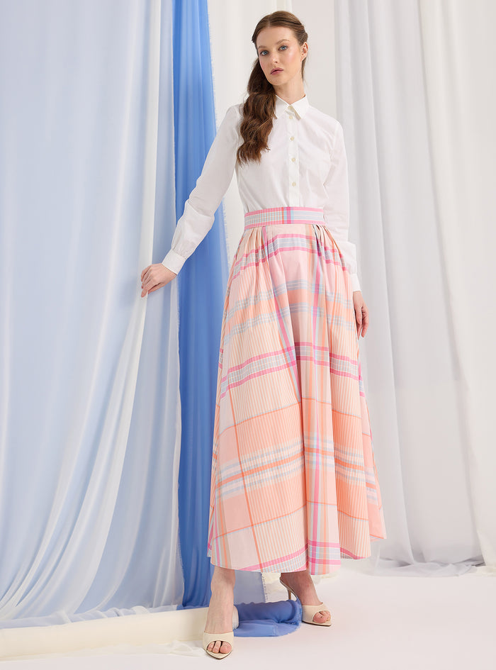 Check Print Cotton-Poplin Plited Maxi Skirt - Store WF