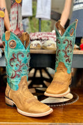 Circle G by Corral Women's Honey & Turquoise Inlay Embroidery Square Toe Boots-Women's Boot-Circle G Boots-Gallop 'n Glitz- Women's Western Wear Boutique, Located in Grants Pass, Oregon