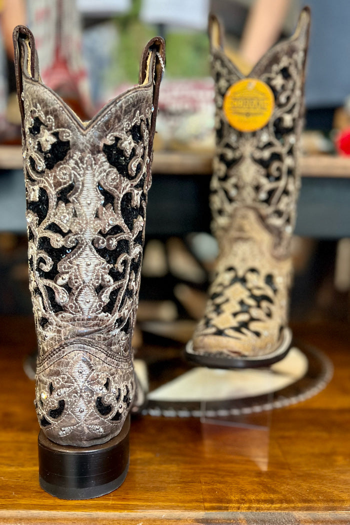 Corral Floral Embroidered Sequin Inlay Square Toe Boot-Women's Boot-Corral Boots-Gallop 'n Glitz- Women's Western Wear Boutique, Located in Grants Pass, Oregon