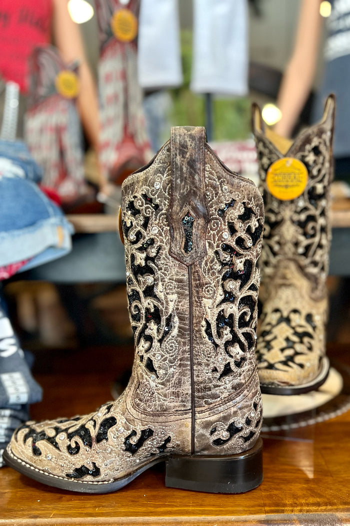 Corral Floral Embroidered Sequin Inlay Square Toe Boot-Women's Boot-Corral Boots-Gallop 'n Glitz- Women's Western Wear Boutique, Located in Grants Pass, Oregon