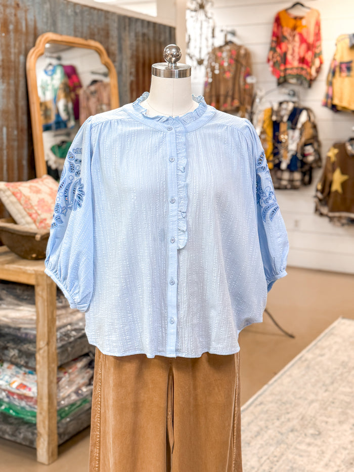 COTTON GAUZE BLOUSE W/ ARM DETAILS, COTTON BLUE