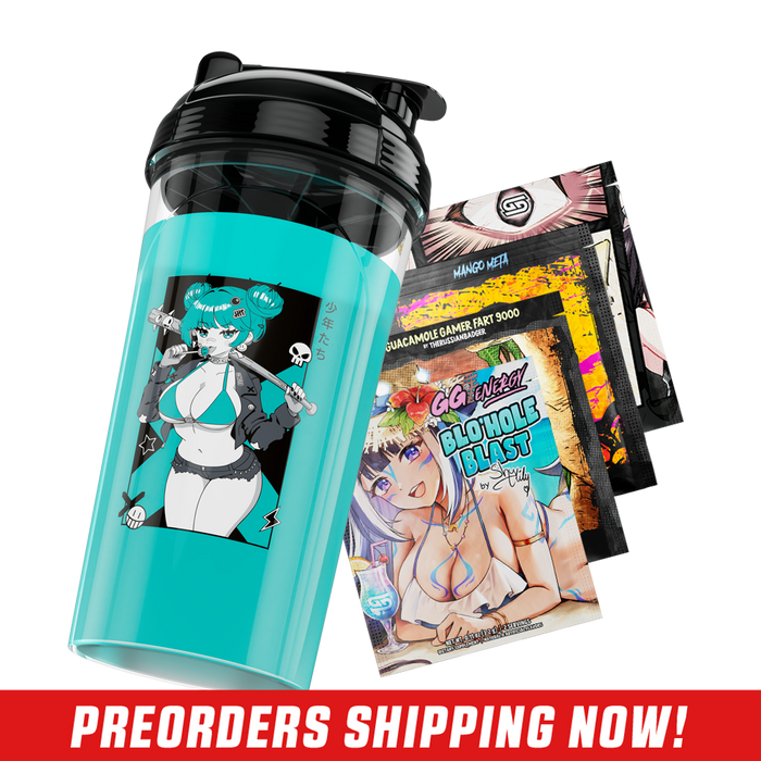 Clear shaker cup with black lid featuring a monochrome anime girl holding a spiked bat and wearing shorts.
