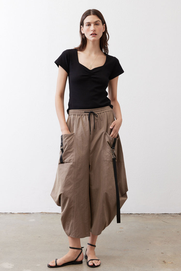 Black square-neck dipped front short-sleeve top with gathered neckline