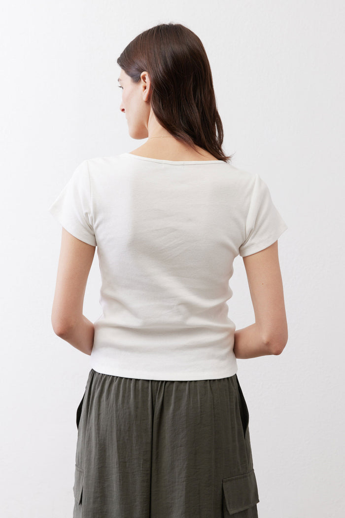 Ivory short-sleeve top, scoop back neckline