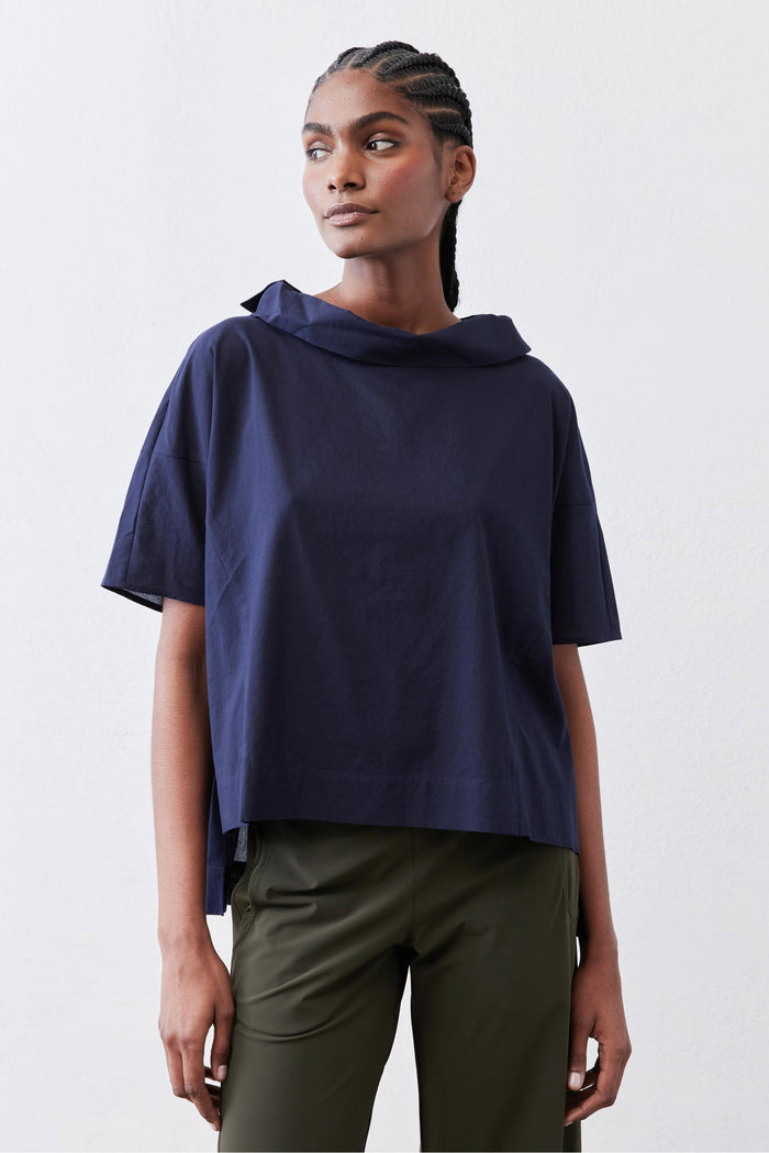 Dolman drape neck top, deep navy, draped hood-style neckline and short sleeves