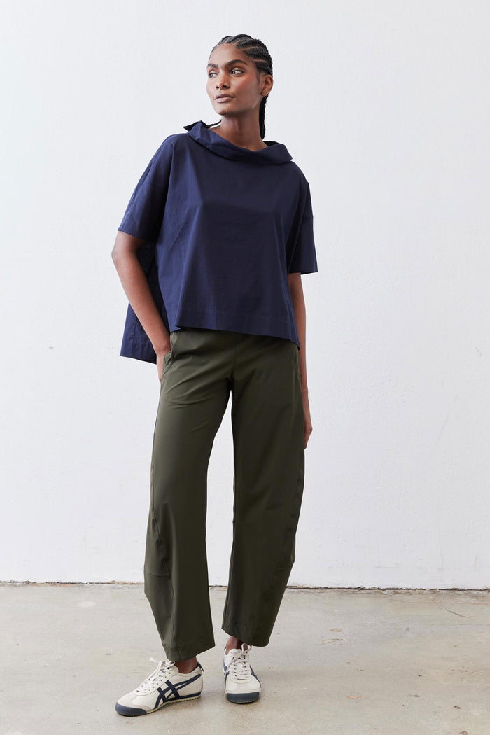 Dolman drape neck top, deep navy, loose drape cowl neckline, short dolman sleeves