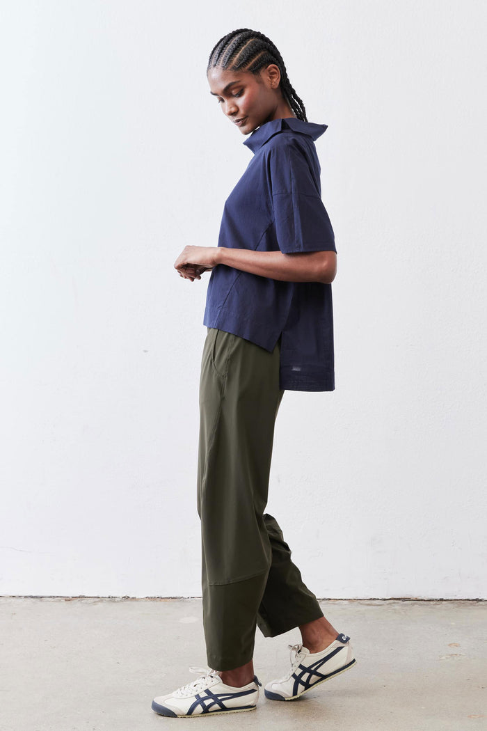 Dolman drape neck top in deep navy with draped cowl neck and short dolman sleeves