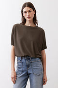 Olive short-sleeve pullover top with wide neckline and draped fit