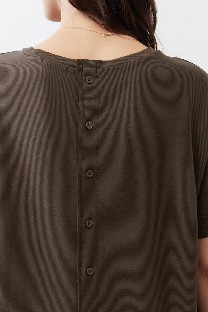 Olive short-sleeve top back close-up with button placket and ribbed texture