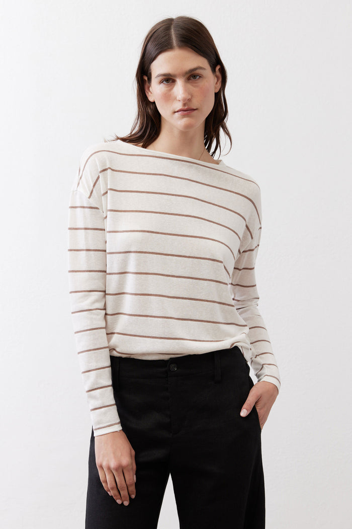 Front of striped long-sleeve top in off-white with tan and red horizontal lines.